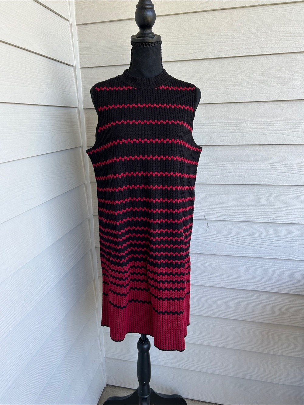 NIC+ZOE Fall Fever Jacquard Shift Sleeveless Knit Stripe Dress Black/Red Sz LG